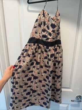 Sleeveless Abstract Print A-Line Dress in Beige and Navy